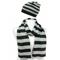 Hat & Scarf Set - Knitted Stripes Set - HTSF-TO103BKGY