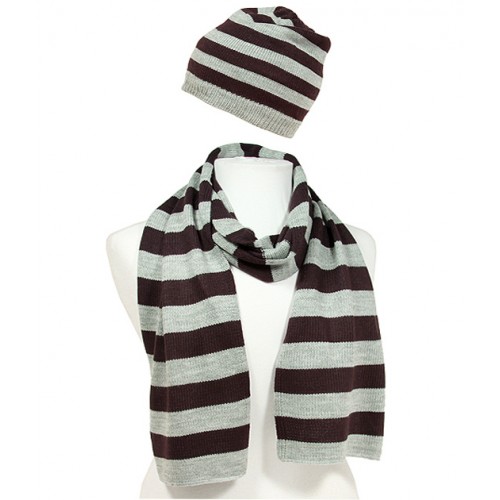 Hat & Scarf Set - Knitted Stripes Set - HTSF-TO103BNGY