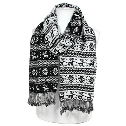Scarf - Knitted Reversible Nordic Print w/ Fringes - Black - SF-BL1171BK Scarf - Knitted Reversible Nordic Print w/ Fringes - Black - SF-BL1171BK