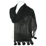 Scarf - Crochet w/Dangling Pompoms Scarf - Black Color - SF-S1278BK Scarf - Crochet w/Dangling Pompoms Scarf - Black Color - SF-S1278BK