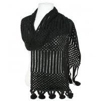 Scarf - Crochet w/Dangling Pompoms Scarf - Black Color - SF-S1278BK