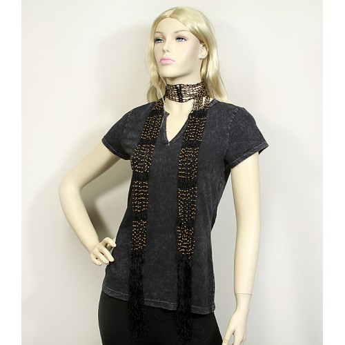 Scarf - Beaded Crochet Sash - Black - SF-SFS119001