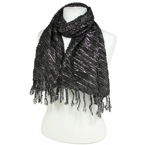Scarf - Metallic Plead Lurex Bias-Cut w/ Fringes - Black /Silver - SF-BL1206BKSI Scarf - Metallic Plead Lurex Bias-Cut w/ Fringes - Black /Silver - SF-BL1206BKSI