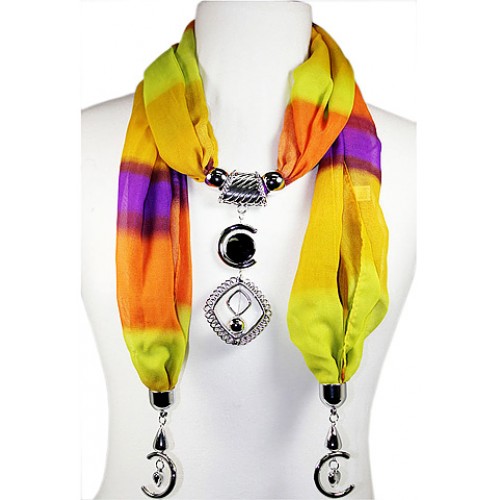 Scarf - Tie-Die Block Print W/ Geometric Metal Charm - SF-FSC066ORPP Scarf - Tie-Die Block Print W/ Geometric Metal Charm - SF-FSC066ORPP