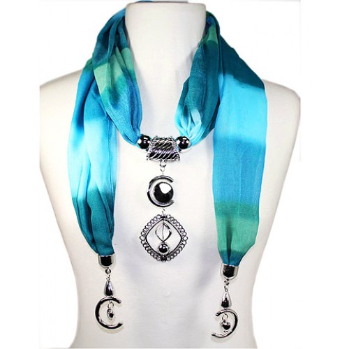 Scarf - Tie-Die Block Print W/ Geometric Metal Charm - SF-FSC066TB Scarf - Tie-Die Block Print W/ Geometric Metal Charm - SF-FSC066TB
