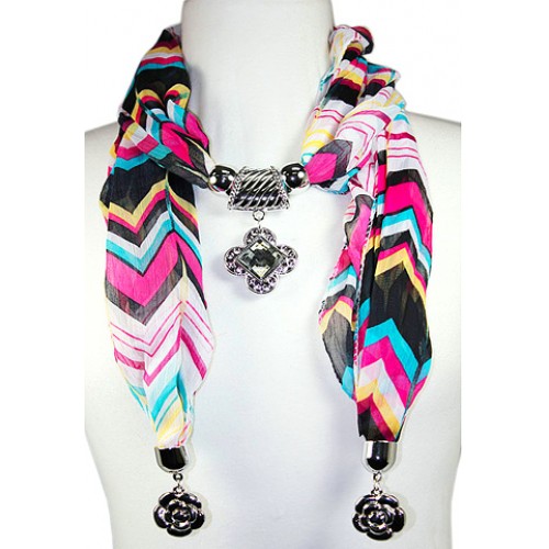 Scarf - Zig-Zag Print W/ Flower Metal Charm - SF-FSC068BKFU Scarf - Zig-Zag Print W/ Flower Metal Charm - SF-FSC068BKFU
