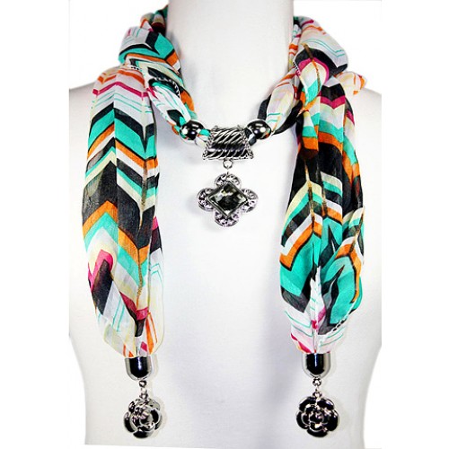 Scarf - Zig-Zag Print W/ Flower Metal Charm - SF-FSC068WHOR