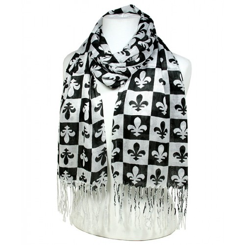 Scarf - Fleur De Lis In Checkers Print - Black Color -(S1072) - SF-SHL1606BK Scarf - Fleur De Lis In Checkers Print - Black Color -(S1072) - SF-SHL1606BK