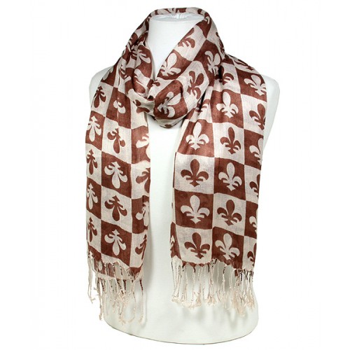 Scarf - Fleur De Lis In Checkers Print - Brown  Color -(S1072) - SF-SHL1606BN