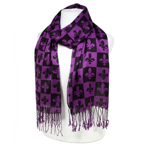 Scarf - Fleur De Lis In Checkers Print - Dark Purple Color -(S1072) - SF-SHL1606DPL