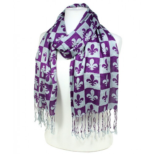 Scarf - Fleur De Lis In Checkers Print - Puprle  Color -(S1072) - SF-SHL1606PL