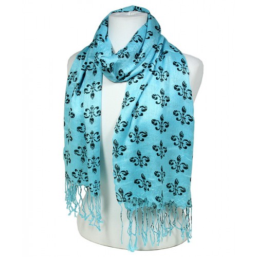 Scarf - Fleur De Lis Print  Shawl - Blue Color - SF-SHL1704BL