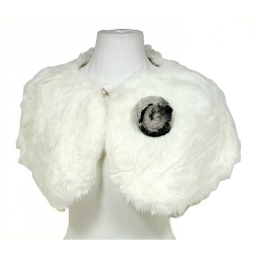 Scarf - Faux Fur W/Rabbit Fur Brooch - Ivory - SF-BF001IV