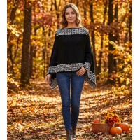 Poncho/ Shawl - Greek Key Pattern - Black - SF-FW412BK