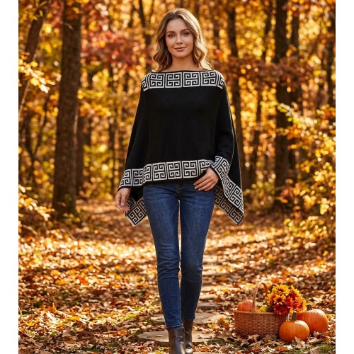 Poncho/ Shawl - Greek Key Pattern - Black - SF-FW412BK Poncho/ Shawl - Greek Key Pattern - Black - SF-FW412BK
