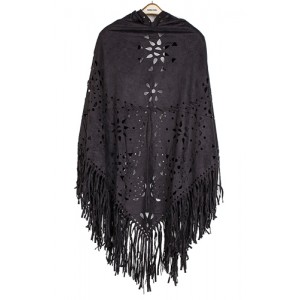 Poncho/ Shawl - Faux Suede Wrap with Laser Cut Graphic and Fringed Hem - Black - SF-FW812BK