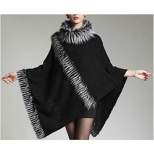 Poncho - Knitted Turtle Neck with Faux Fur Trim - SF-RUM27BK