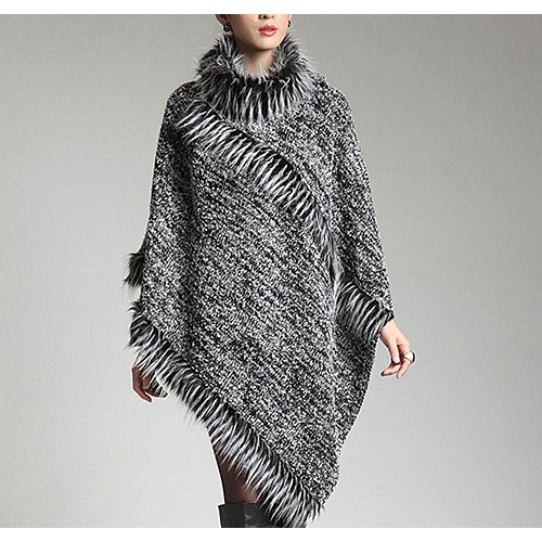 Poncho - Knitted Turtle Neck with Faux Fur Trim - SF-RUM27GY