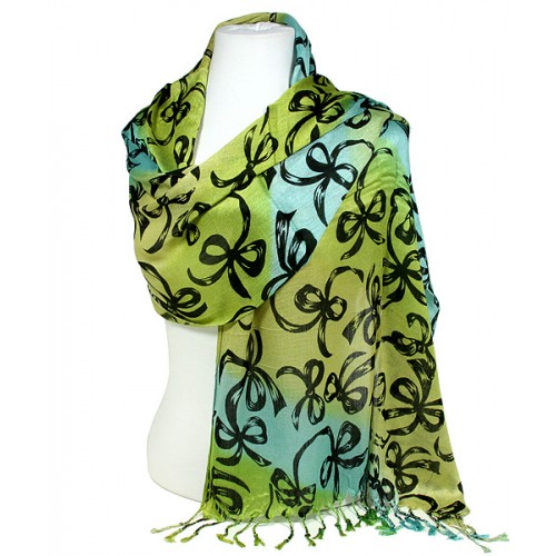 Scarf - Shawl - Ribbon Bows Print - Green / Blue - SF-SHL1607GNBL 
